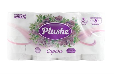 Туалетная бумага Plushe Deluxe Light "Сирень" (плюше делюкс) 8 рул 15м, 3-х слойная, 1/8 в уп ЮГ НФ-00015384