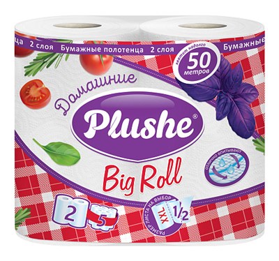 Полотенца бумажные 2-х слойные ДВА РУЛОНА PLUSHE (плюше) ДОМАШНИЕ Белые 25 м 1/9 шт в уп ЮГ НФ-00019496