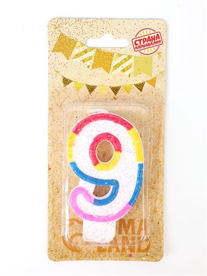 Свеча для торта с блестками «Блестящий ободок», цифра "9" , 7 см 403539 НФ-00020946