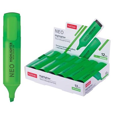 Текстовыделитель ХАТБЕР Neo зеленый, флуоресцентный, клиновидный пишущий узел НФ-00024946