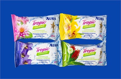 Салфетки влажные АУРА (15шт) Тропик антибактериальные (110уп) НФ-00012366