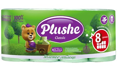 Туалетная бумага Plushe Classic "Зеленое яблоко" (плюше классик) 8 рулонов, 2-х слойная 18м, 1/8 ЮГ НФ-00015363