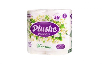Туалетная бумага Plushe Deluxe Light "Жасмин" (плюше делюкс) 4 рулона 15м, 3-х слойная, 1/12 в уп ЮГ НФ-00015367